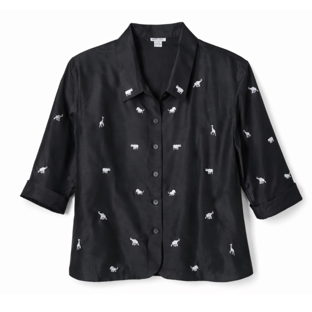 Silks By L.S.C. Vintage Black Button-Up Shirt with Animal Print 100% Silk
